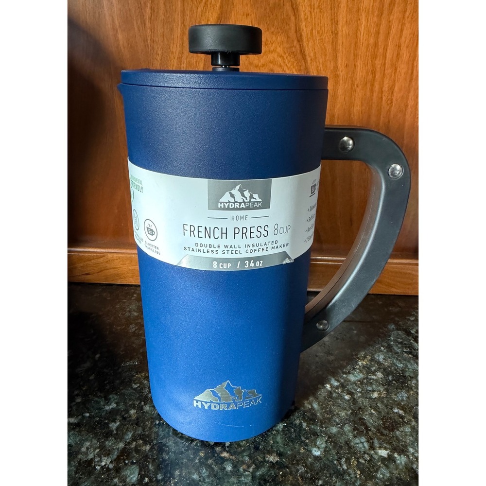 Hydrapeak 34oz French Press Navy Insulated Stainless Steel 8 Cup Coffee Maker